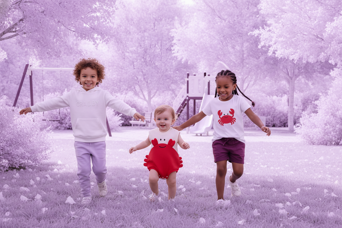 Diverse children in "CRABBY" clothing playing outdoors in a park with soft lavender and plum tones, laughing and running.