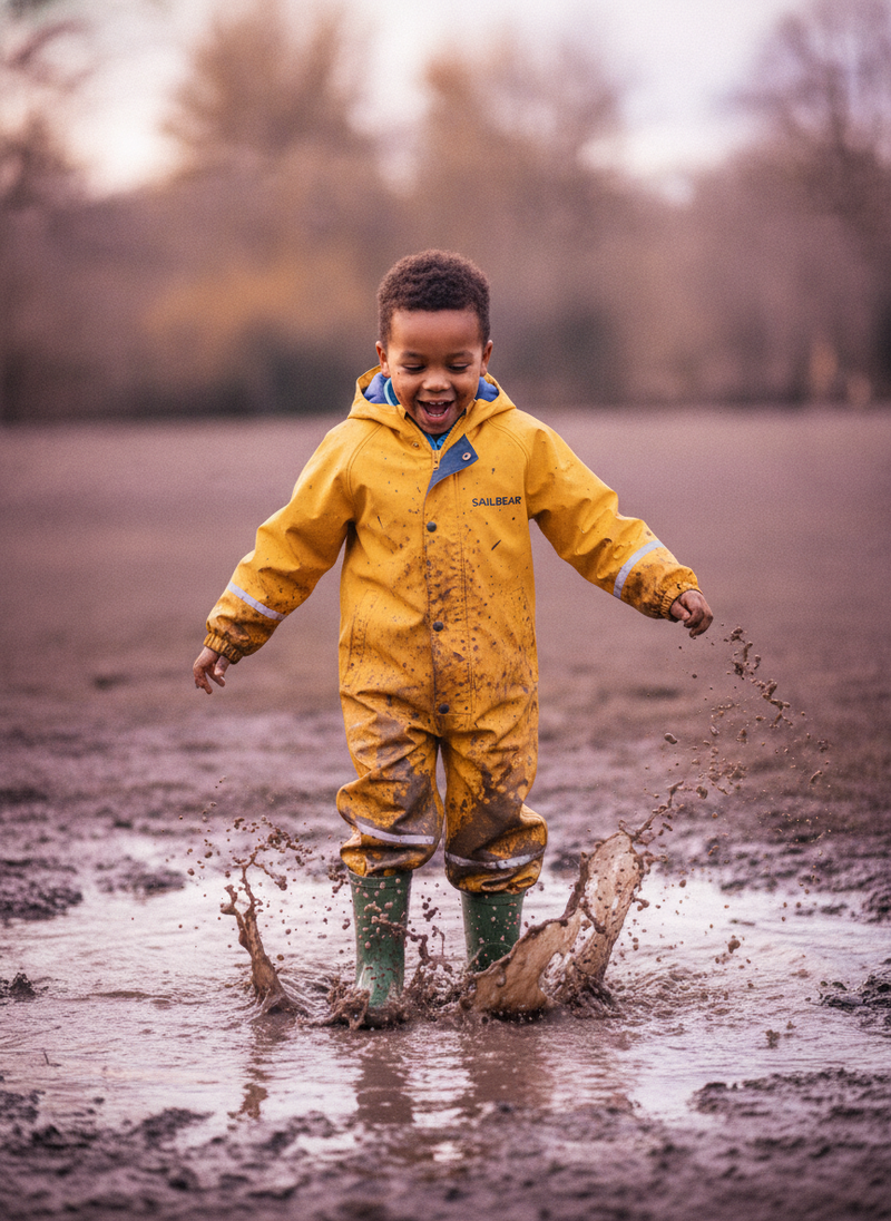 A young boy splashes in a muddy puddle, wearing durable, mud-splattered SAILBEAR clothing. The photo has a candid, authentic 
