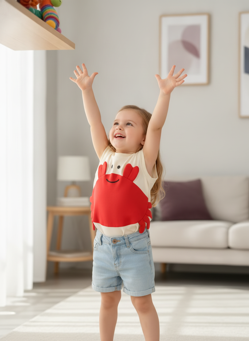 A joyful young girl, approximately 5-6 years old, wearing a 
