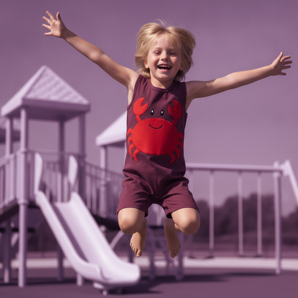 A child in flexible clothing from the CRABBY collection jumps and laughs on a playground, showing freedom of movement.