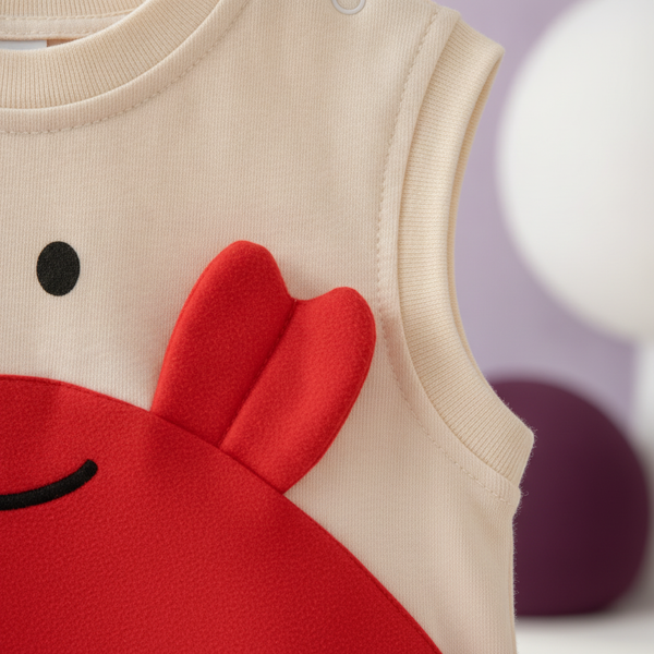 Close-up of a child's durable CRABBY t-shirt fabric, showing strong stitching and resilient material, with a soft lavender an