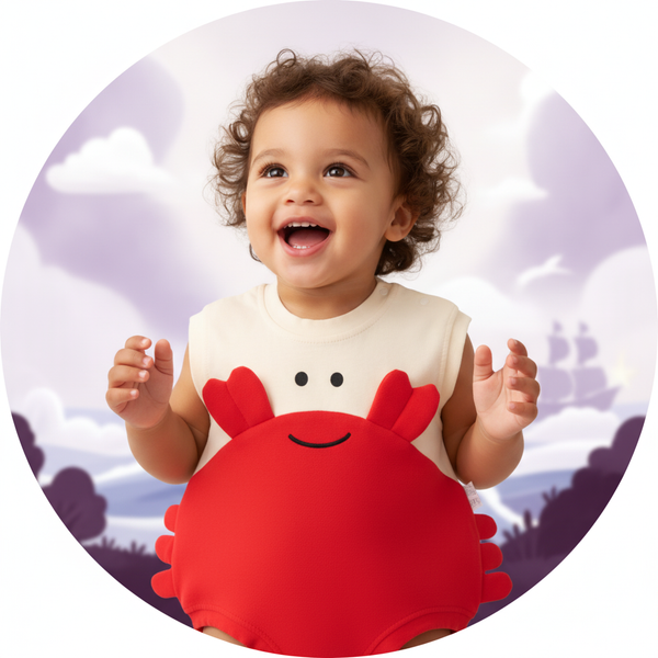 Close-up of a child wearing a "CRABBY" shirt with a whimsical SAILBEAR design, looking upward with an imaginative expression,